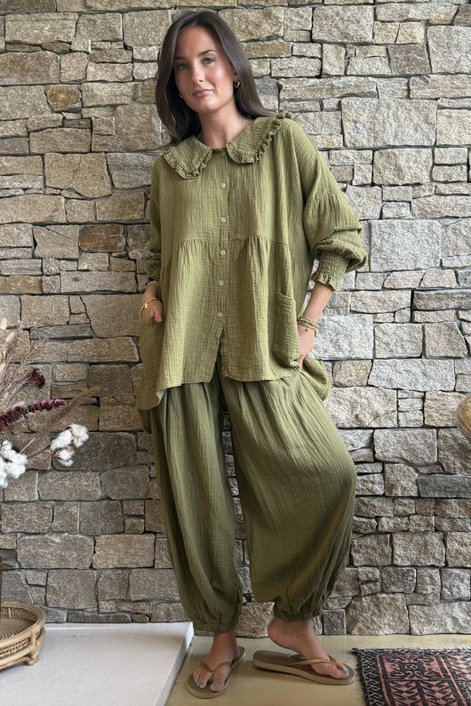 Annie Cushion Cotton Peter Pan Smock Blouse Deep Olive